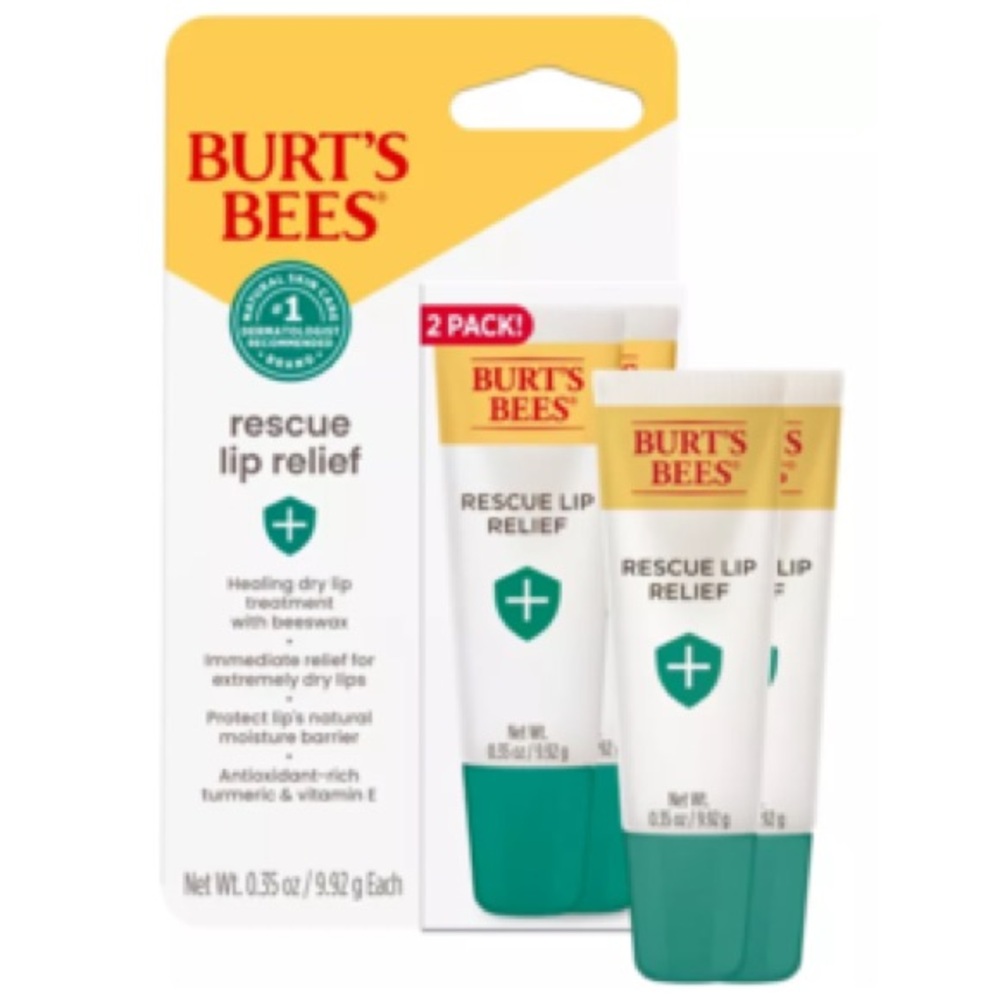 Burts Bees Rescue Lip Relief w/Shea Butter/Echinacea, 100% Natural Origin, 2Pack